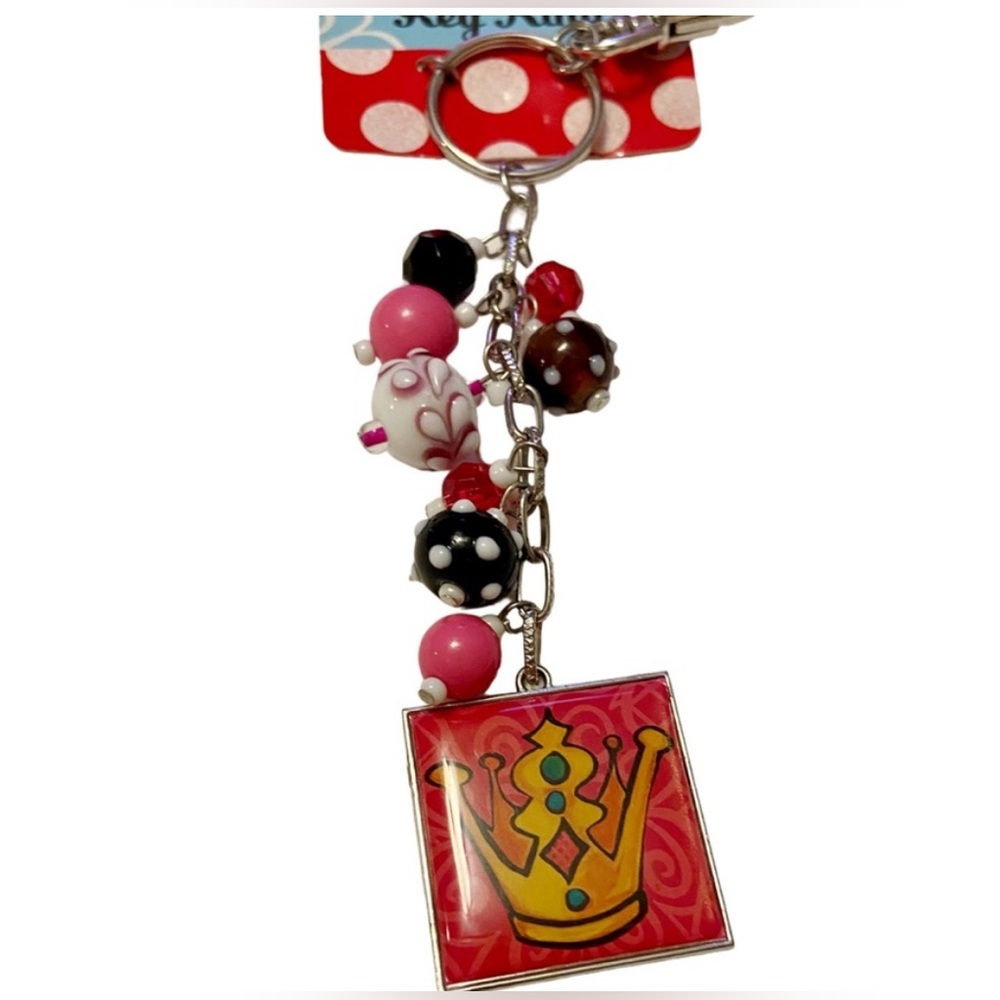 NWT Lisa Frost RARE Crown Glass & Crystal Bead keychain purse fob pink red black